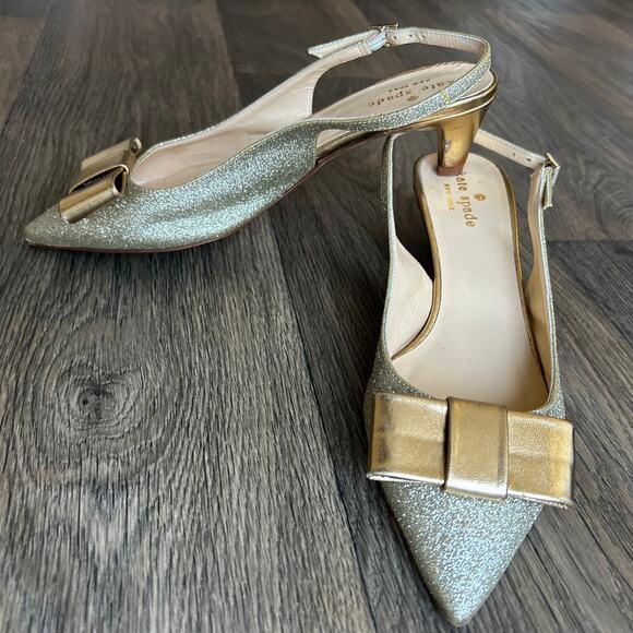 Kate Spade Golden Glitter Bow Pointed Toe Slingback Kitten Heels Size 7 - Picture 5 of 9
